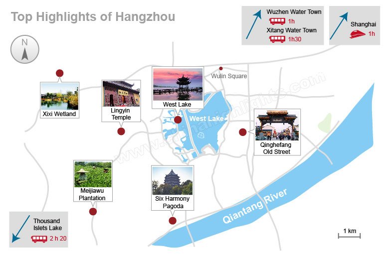 Carte et carte des attractions de Hangzhou