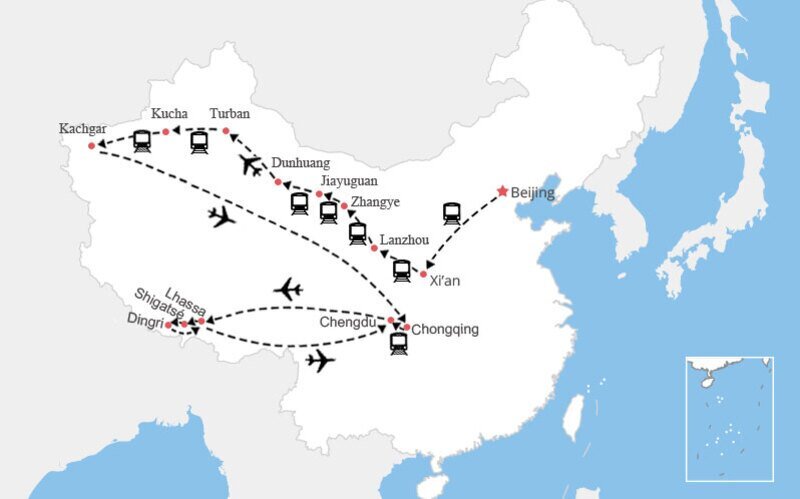 Carte Beijing Xi'an Lanzhou Zhangye Jiayuguan Dunhuang Tourfan Kucha Kachgar Chongqing Chengdu Lhassa Shigatsé Dingri